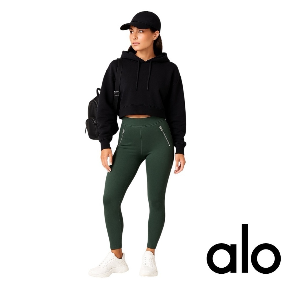 NWOT! ALO YOGA High-Waist Thrill Seeker Leggings in Olive Green with Front Zippe
